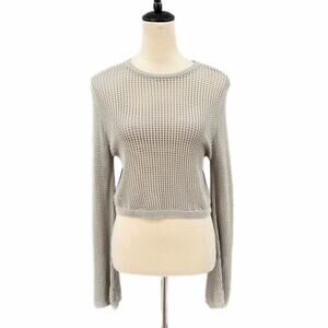 Miou Muse NWT Julia Gray Open Knit Cropped Lightweight Bell Sleeve Chic Sweater